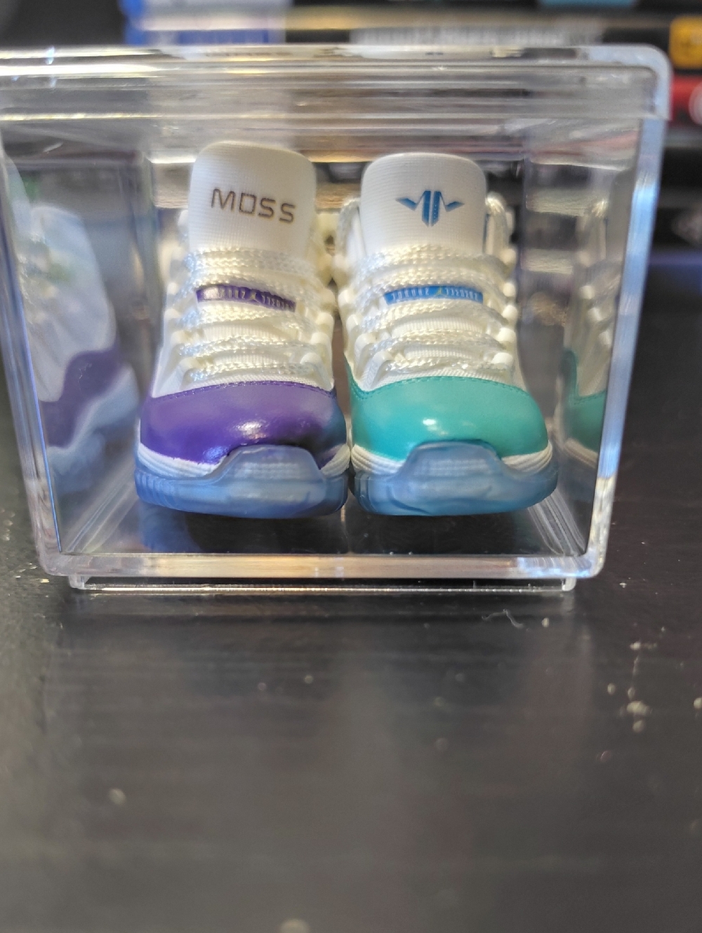 Moss Jordans Miniature White Sneakers with Purple & Teal Accents